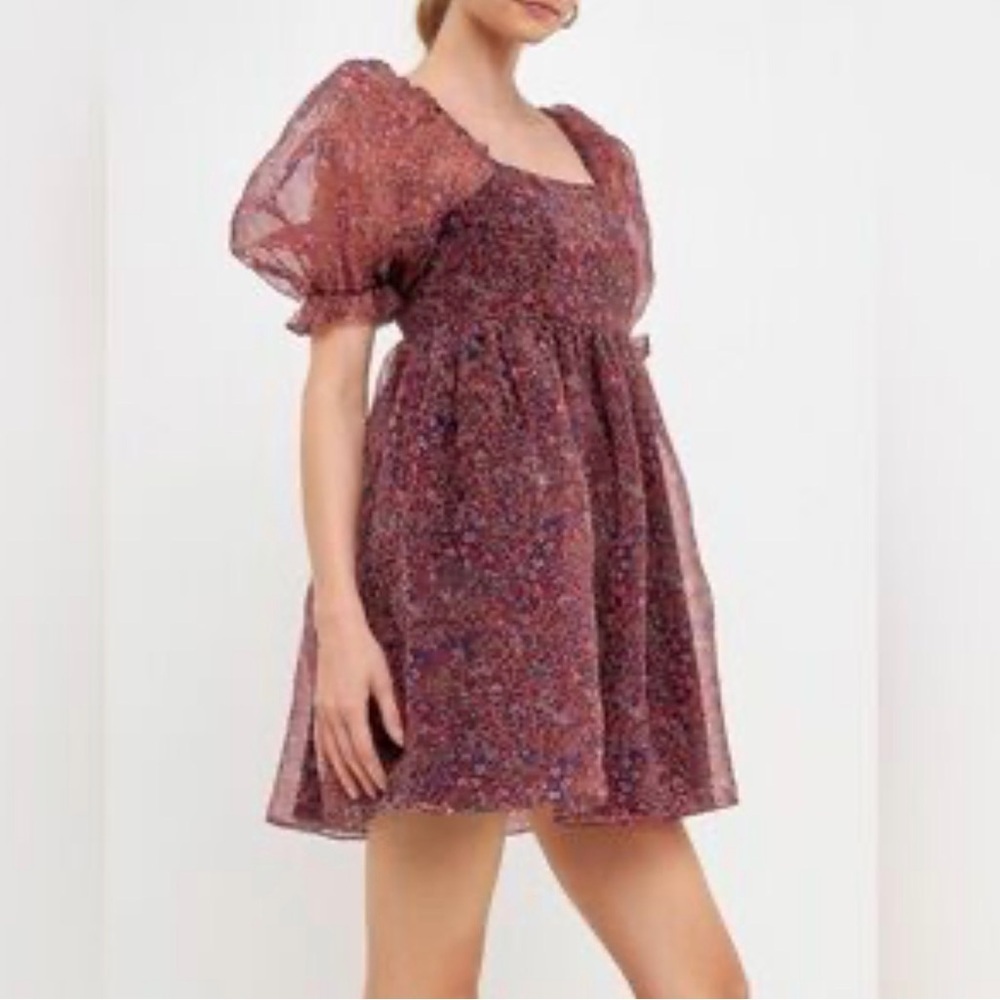 NWT Endless Rose Floral Puff Sleeve Babydoll Dress Size Large Burgundy
